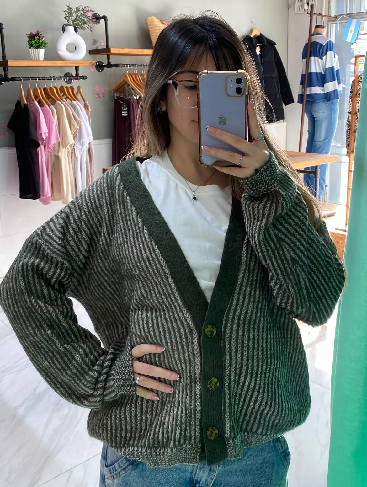 Striped Knit Cardigan With White Tee And Denim