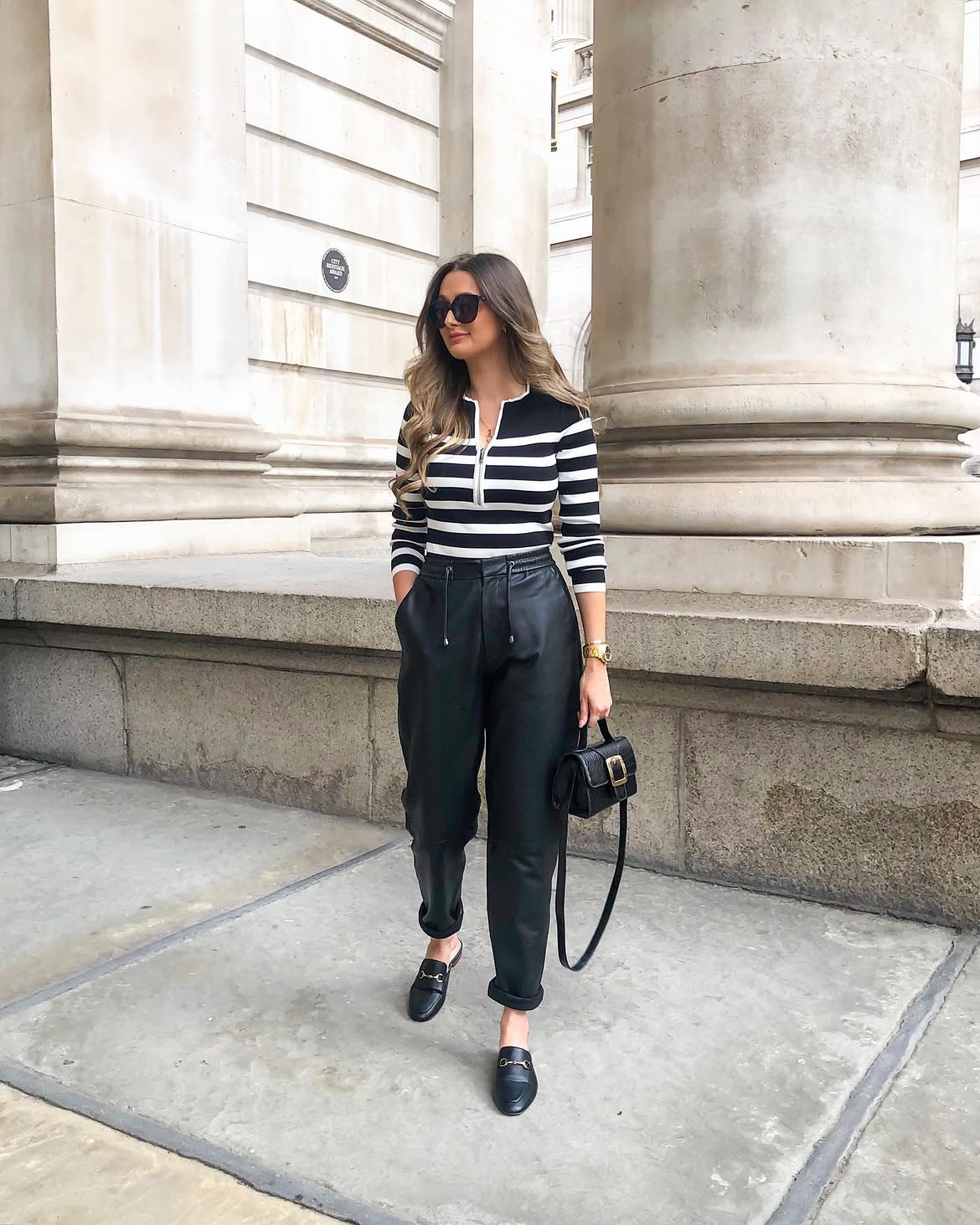 Striped Zip Top With Faux Leather Trousers & Loafers