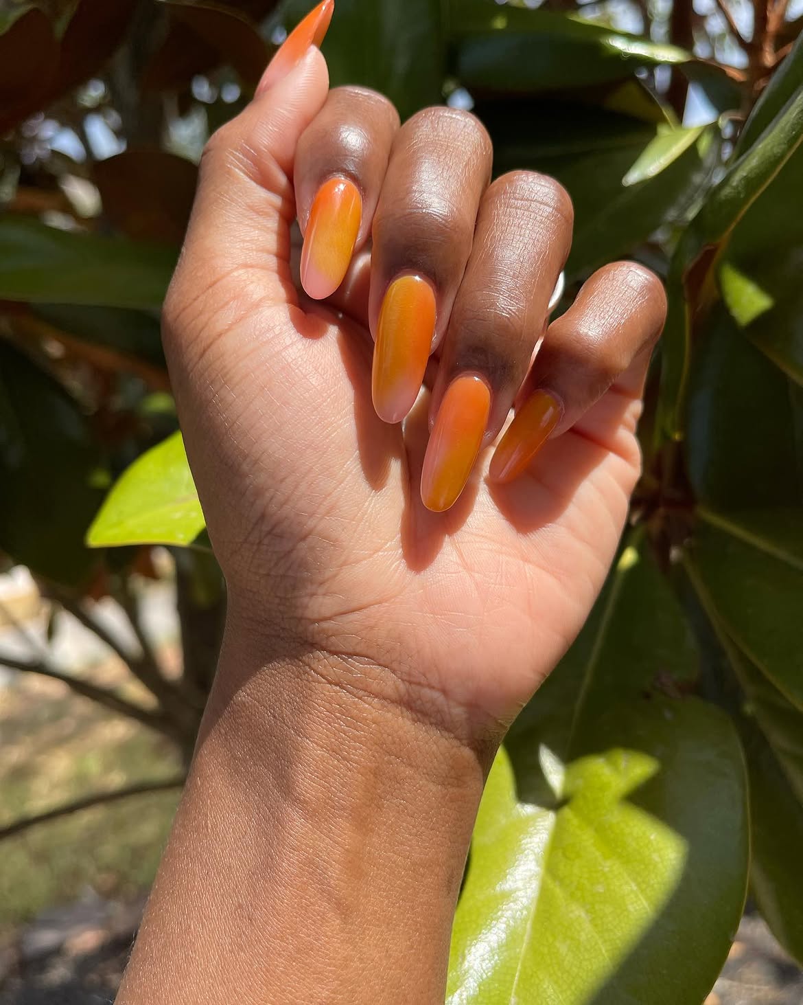 Sunset Orange Pink Ombre Almond Gel Nails