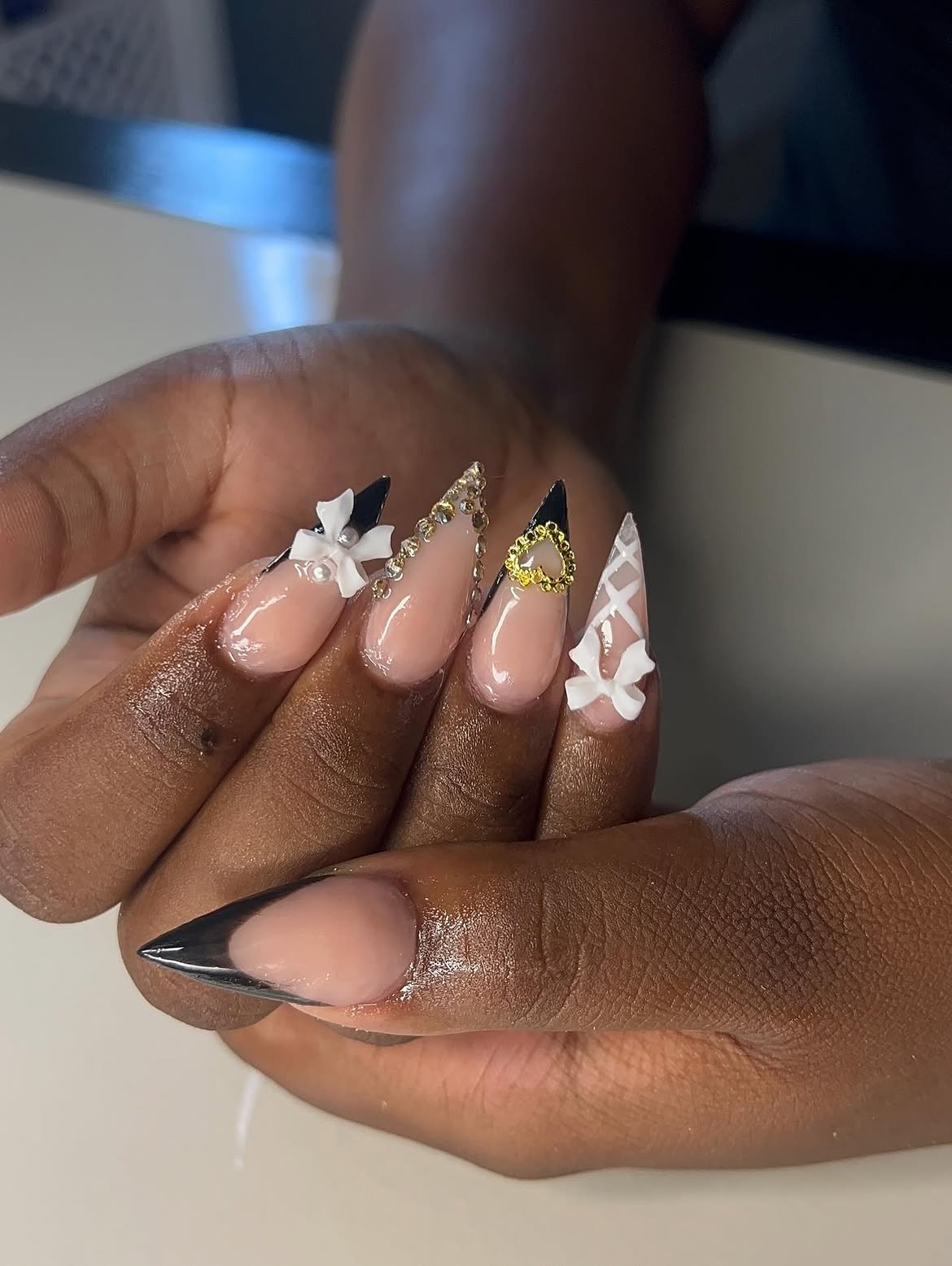 Sweet Bows and Rhinestone Accents Stiletto Nails