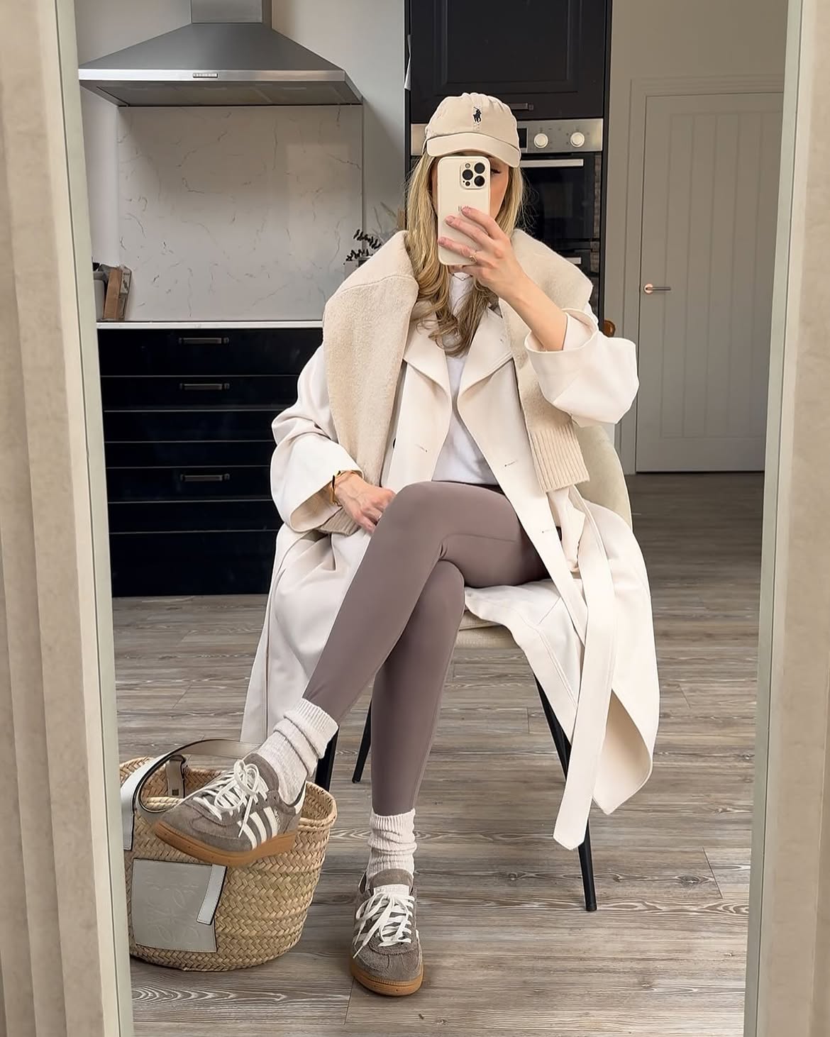 Taupe Leggings With Oversized Trench and Sneakers