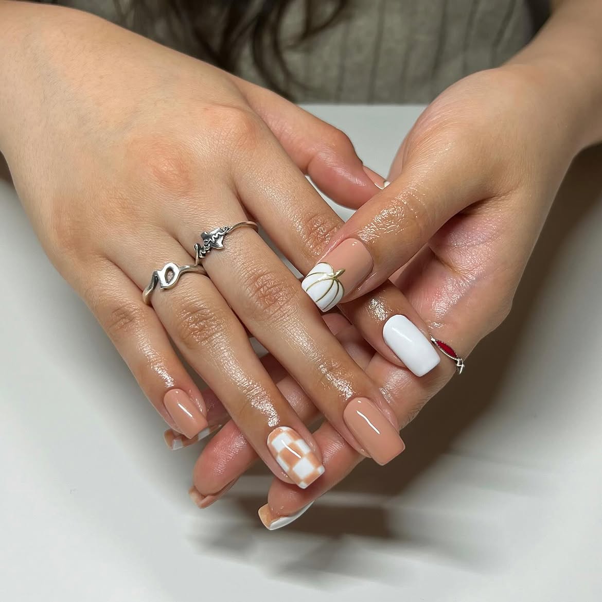 Taupe Pumpkin Patch Plaid Fall Nails