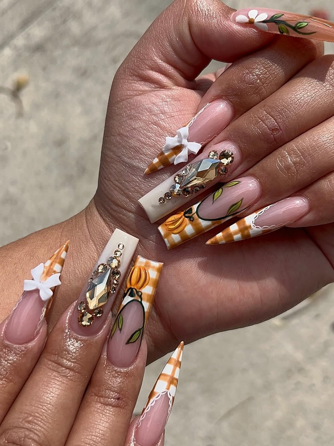 Thanksgiving Pumpkin Patch Gingham Coffin Nails