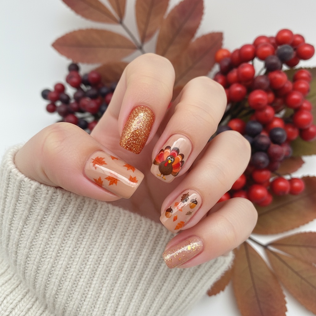 Thanksgiving Turkey And Leaf Themed Fall Nails