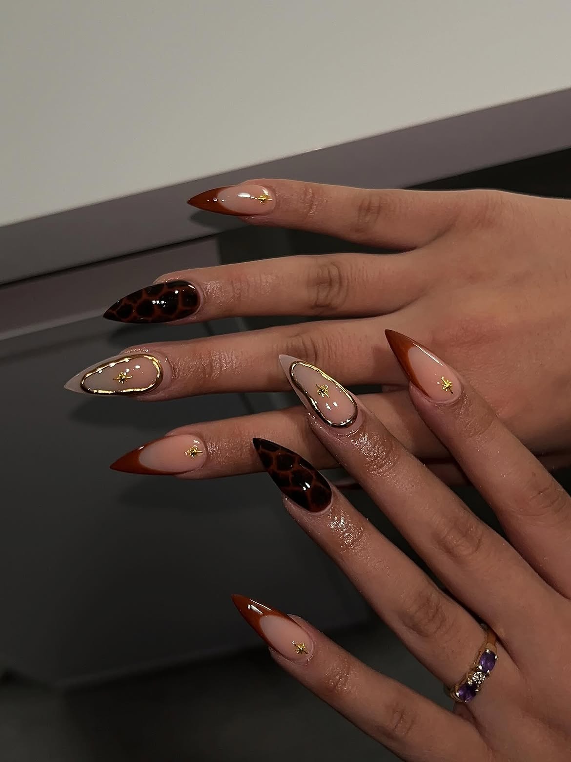 Tortoiseshell and Copper French Almond Nails