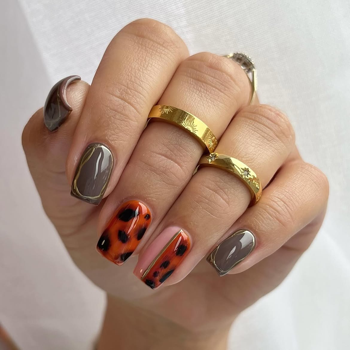 Tortoiseshell and Grey Abstract Swirl Nails