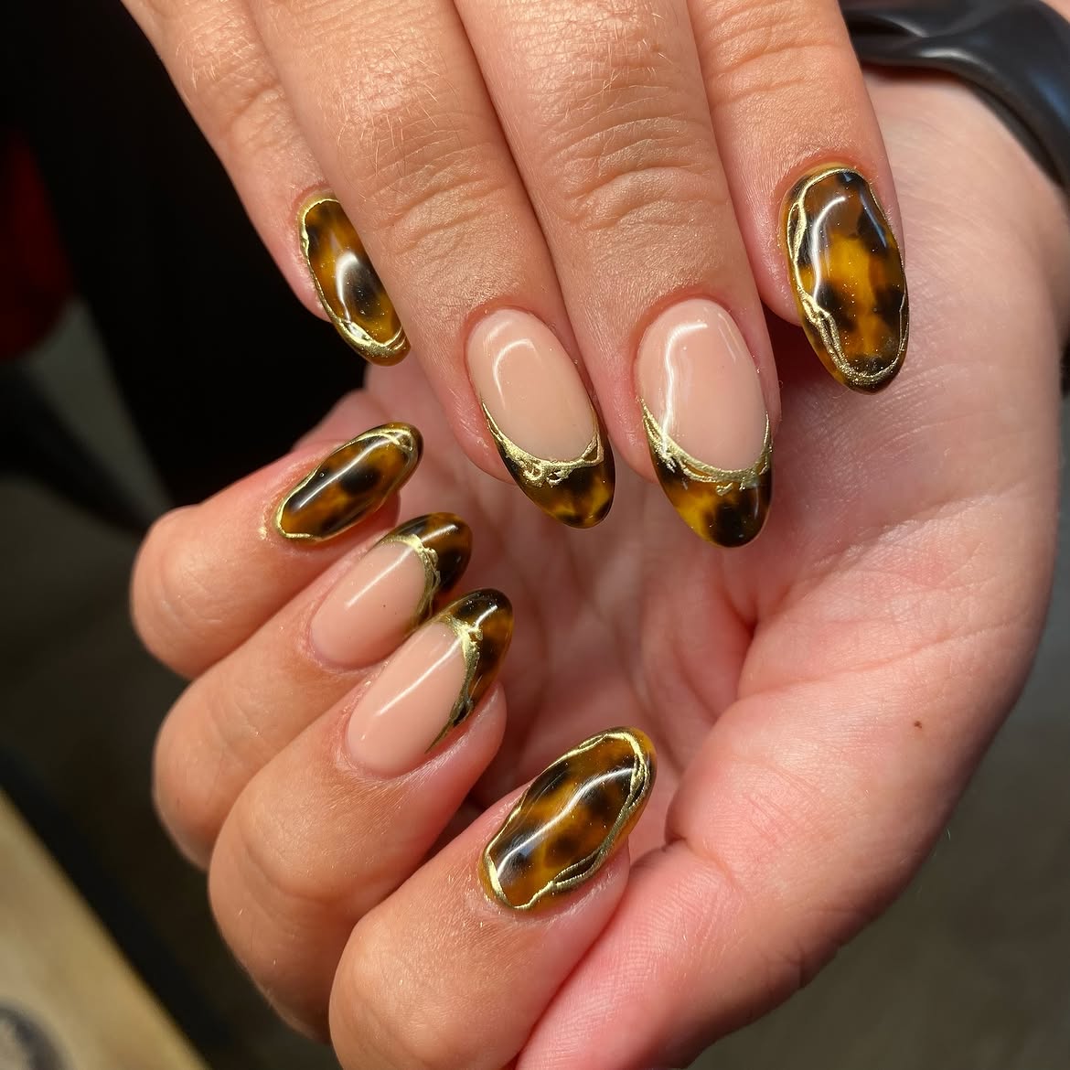 Tortoiseshell French Tip Almond Nails