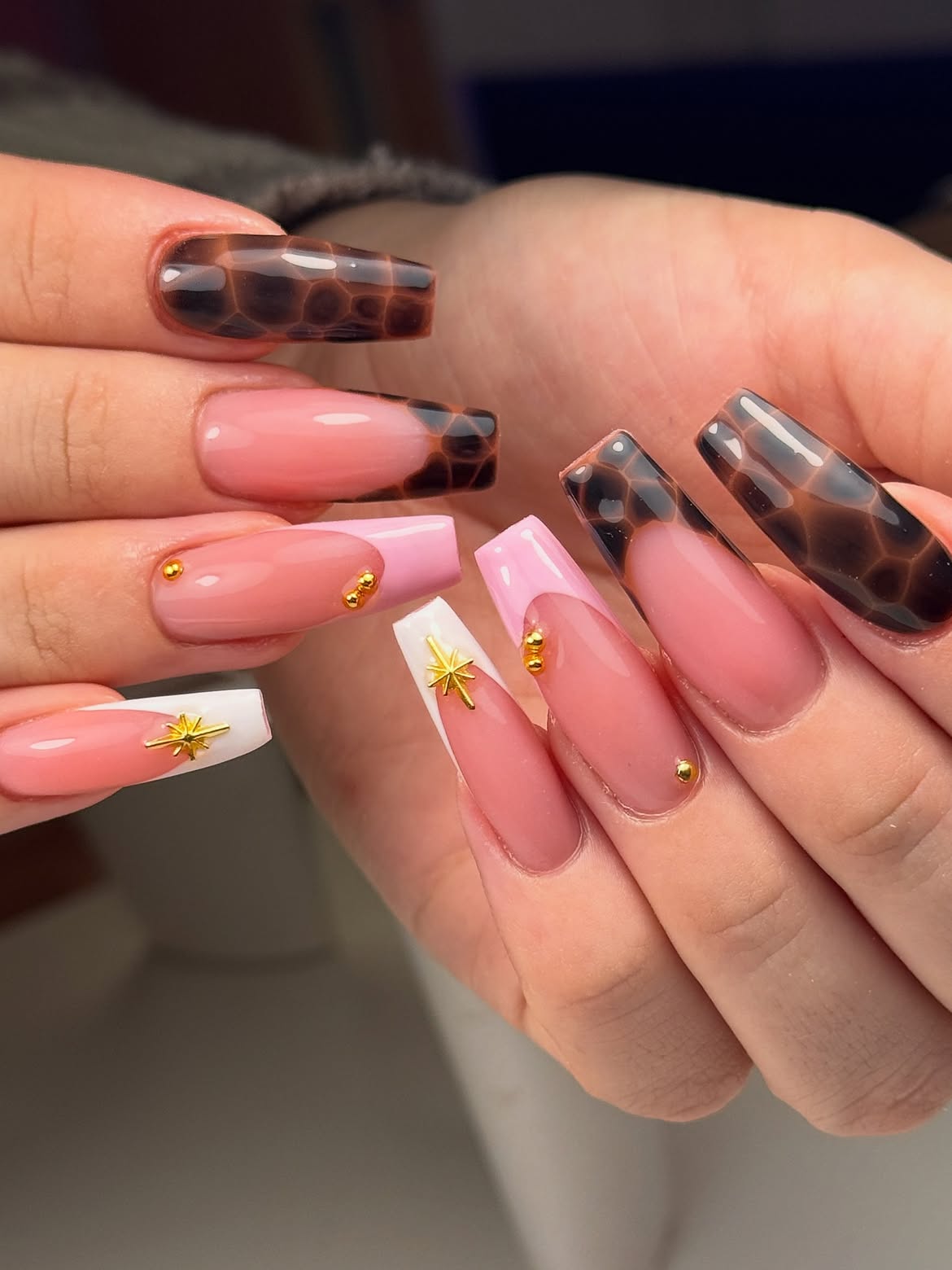 Tortoiseshell French Tip Coffin Nails with Gold Accents