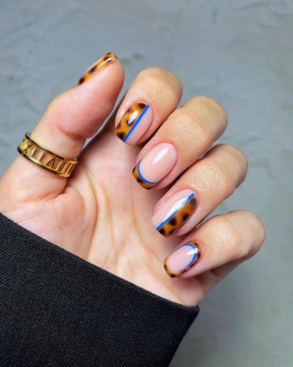 Tortoiseshell French Tips With Blue Accent Line