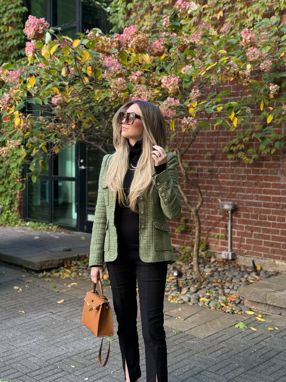 Tweed Blazer With Black Turtleneck And Split Pants