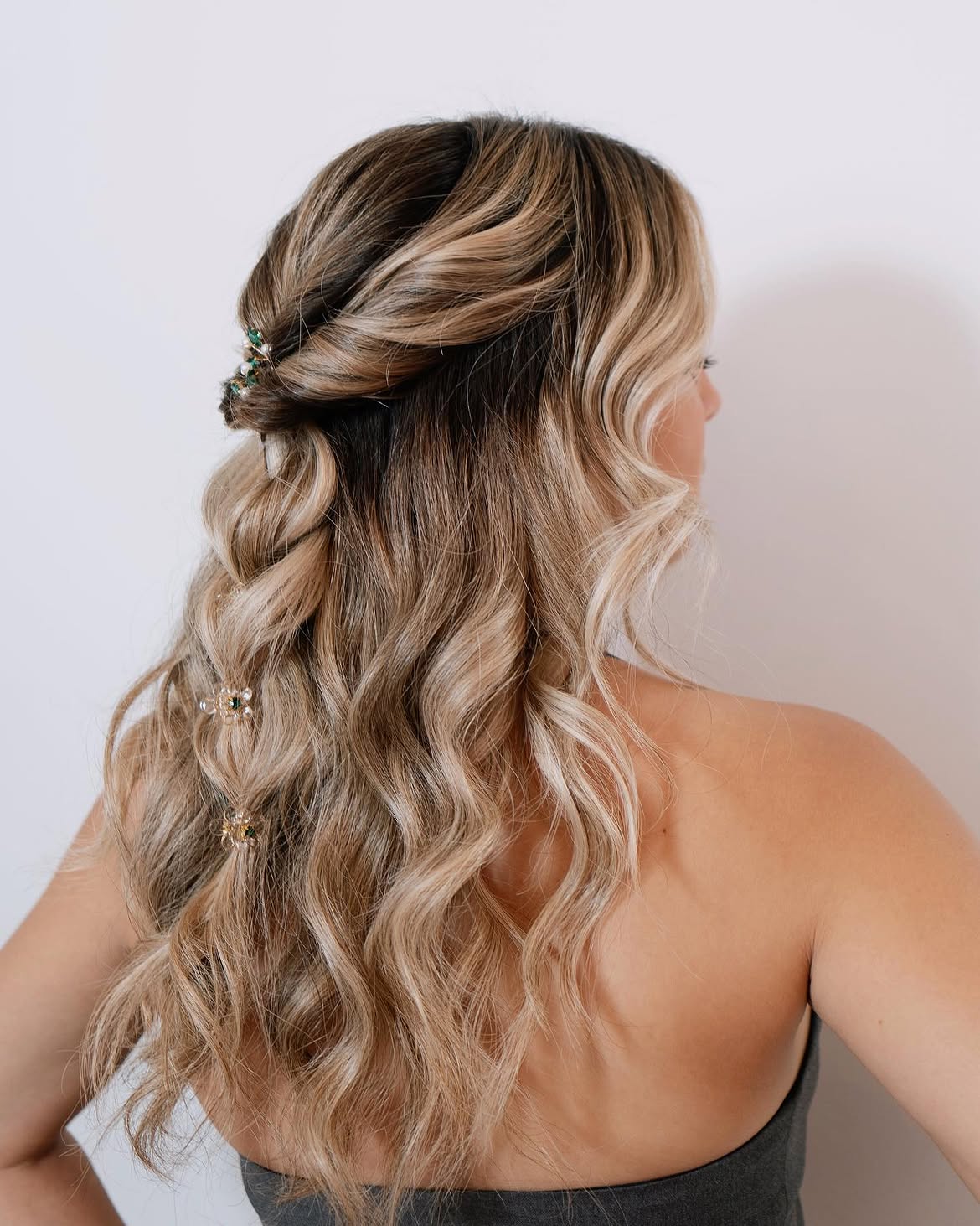 Twisted Half-Up with Glamorous Curls and Jewels