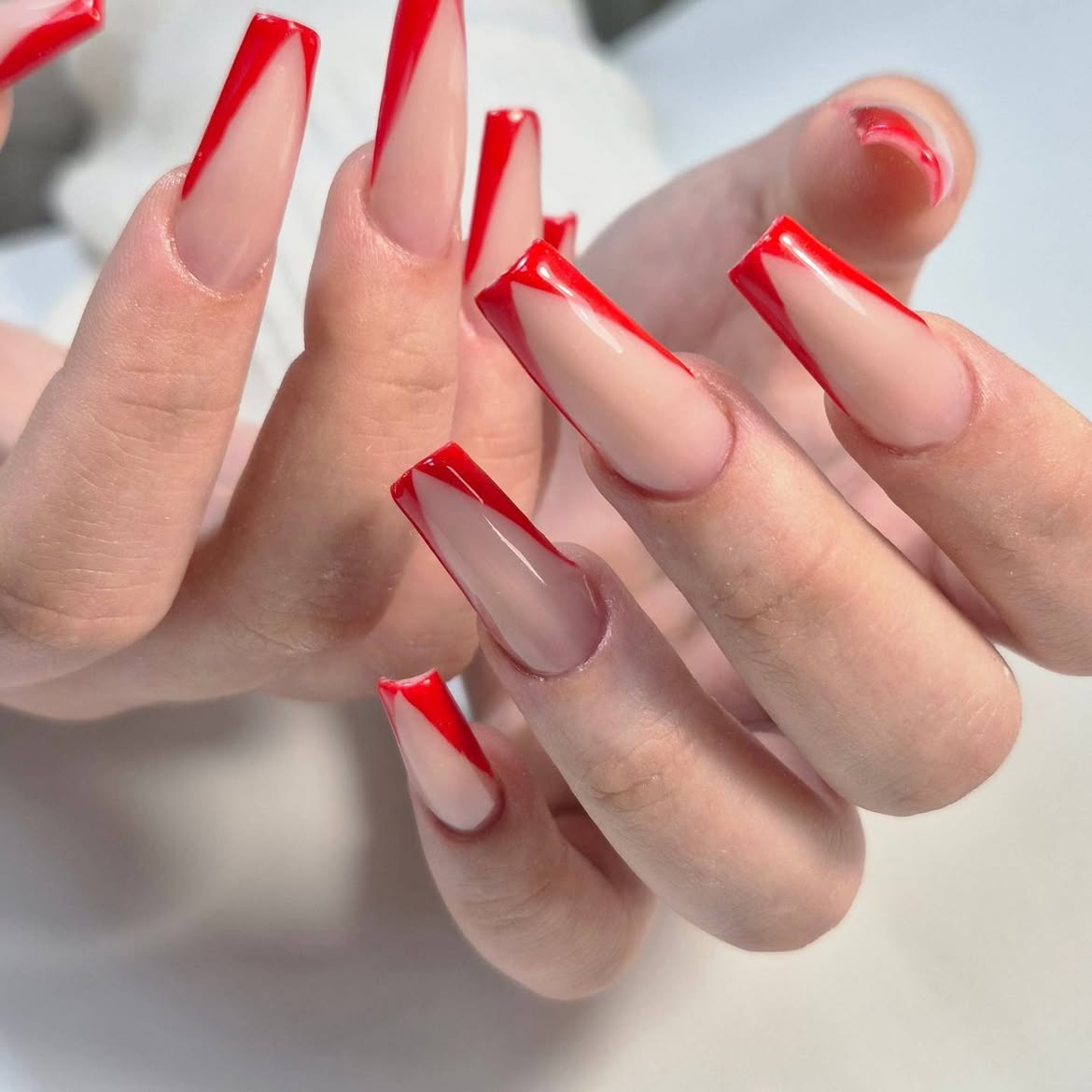 V-Cut Red French Tip Coffin Nails