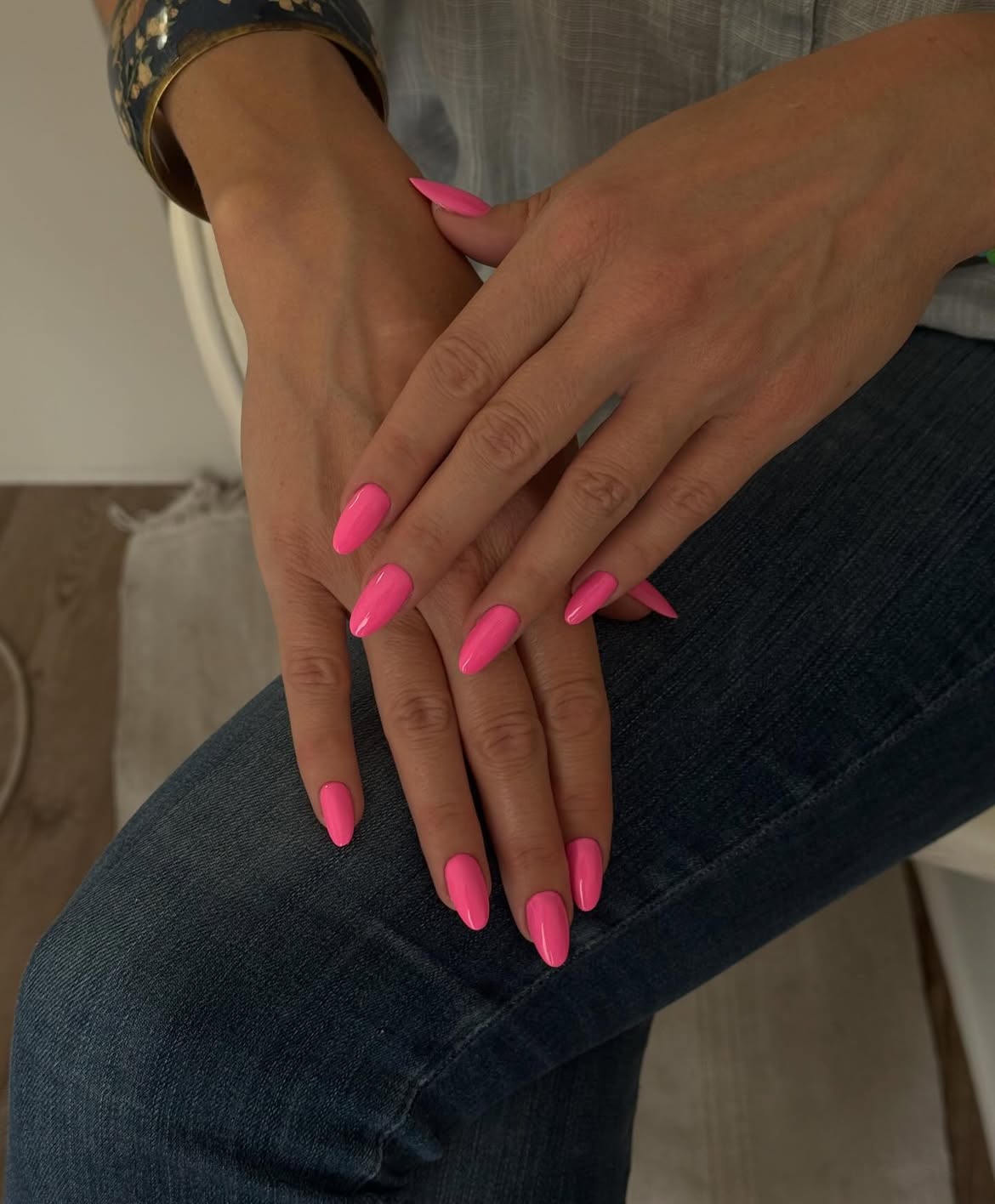 Vibrant Hot Pink Almond Glossy Nails