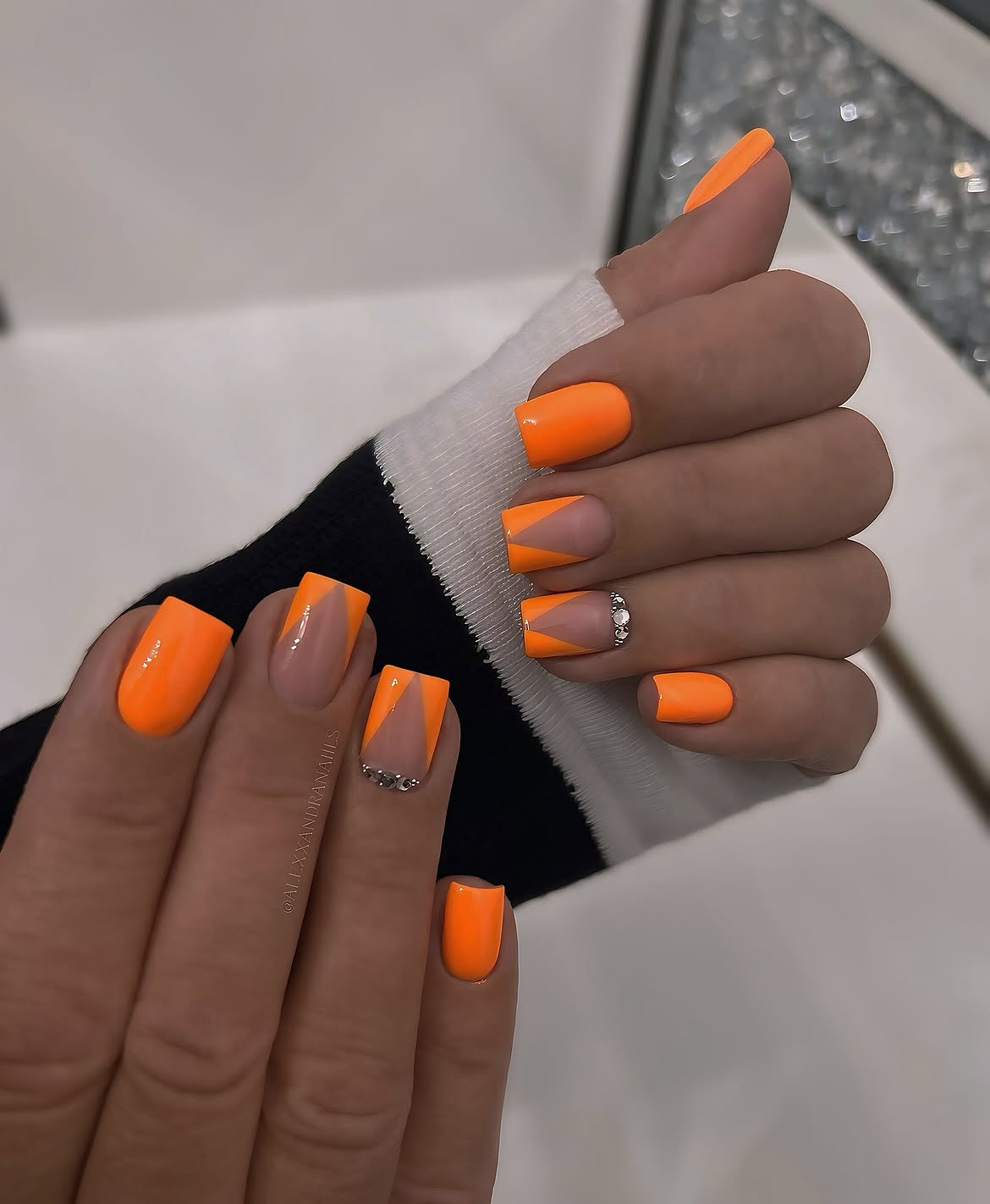 Vibrant Orange Geometric French Tips