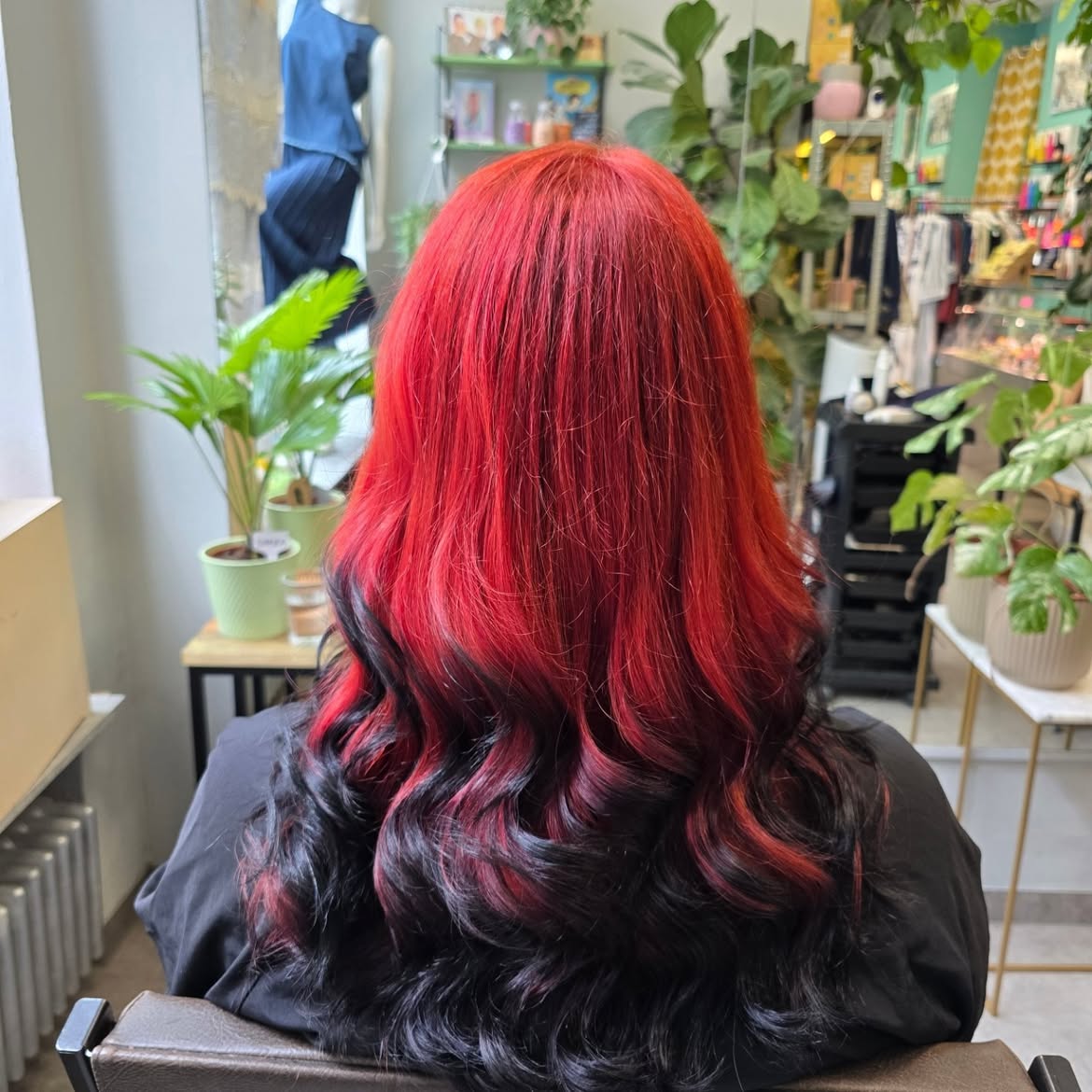 Vibrant Red To Black Ombre With Hollywood Waves