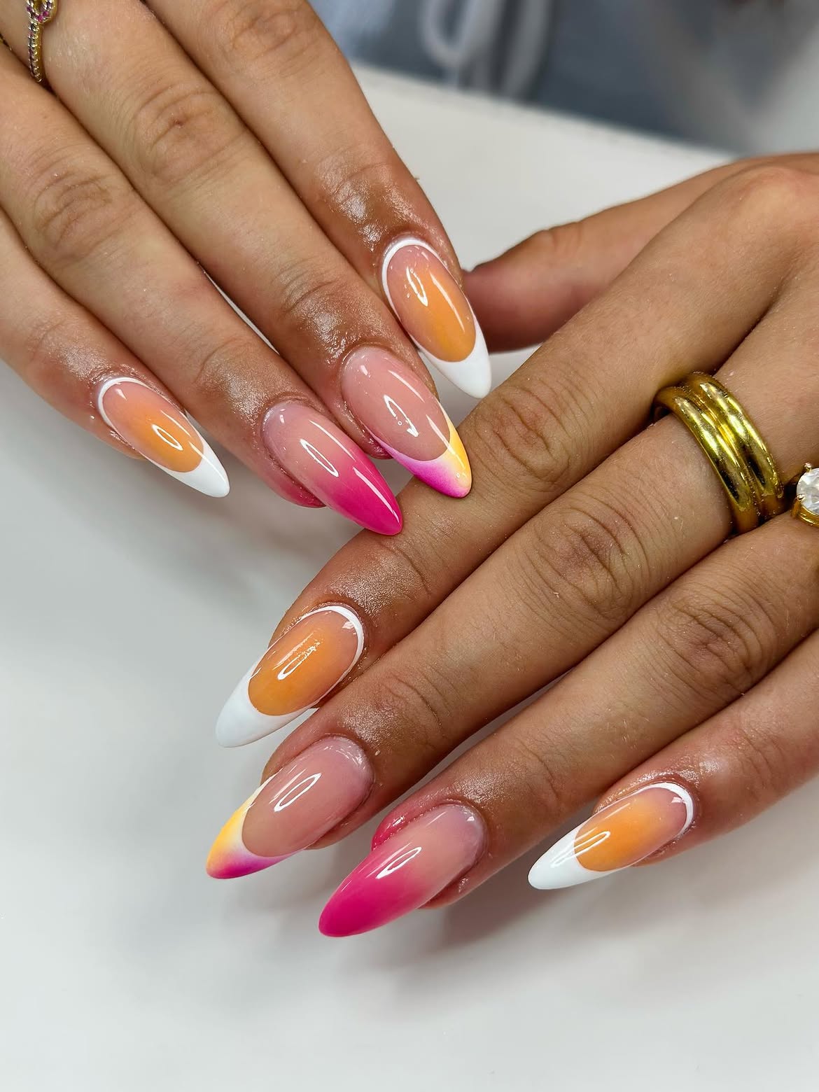 Vibrant Sunset French Ombre Almond Nails