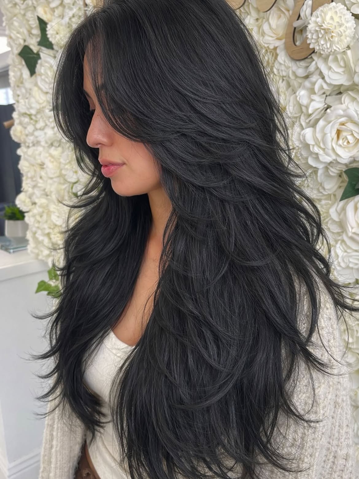 Voluminous Black Hair With Face-Framing Layers
