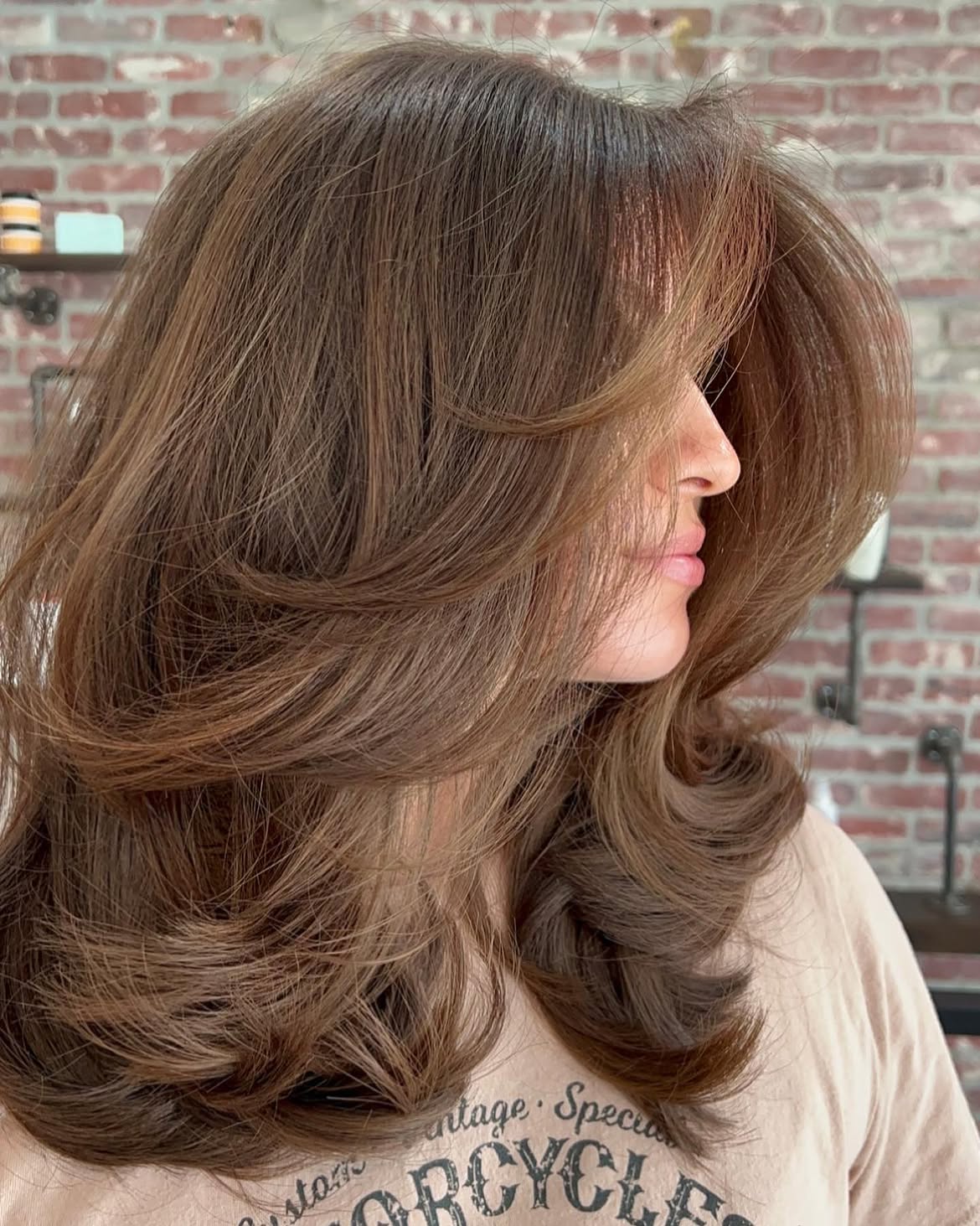 Voluminous Layered Cut With Warm Brown Balayage