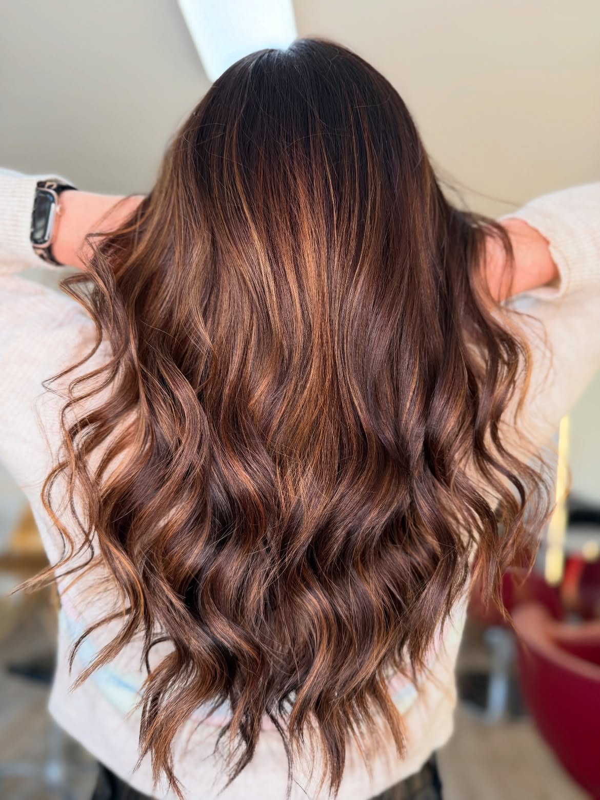 Warm Auburn Highlights On Dark Brown Waves