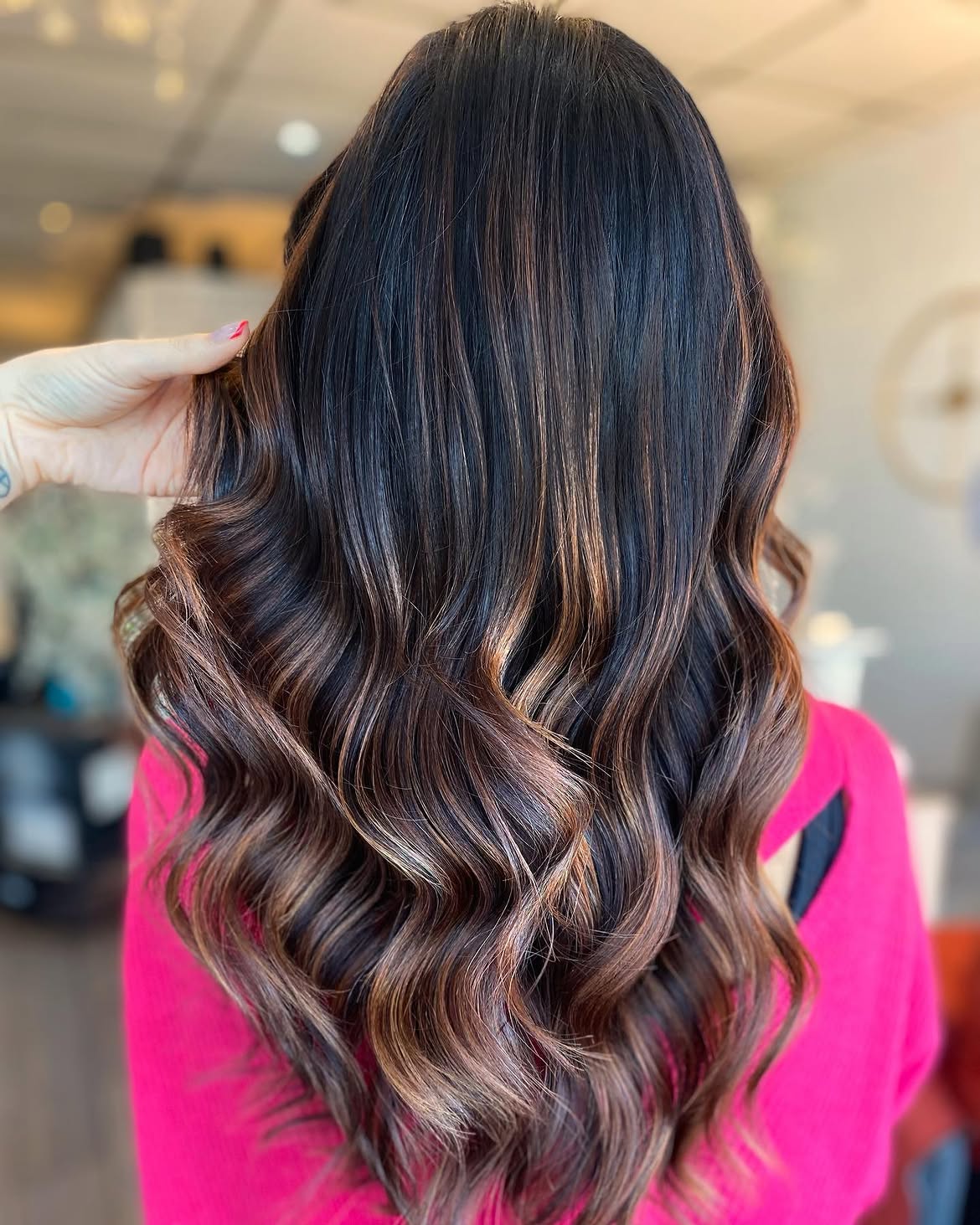 Warm Balayage With Loose Waves On Brunette
