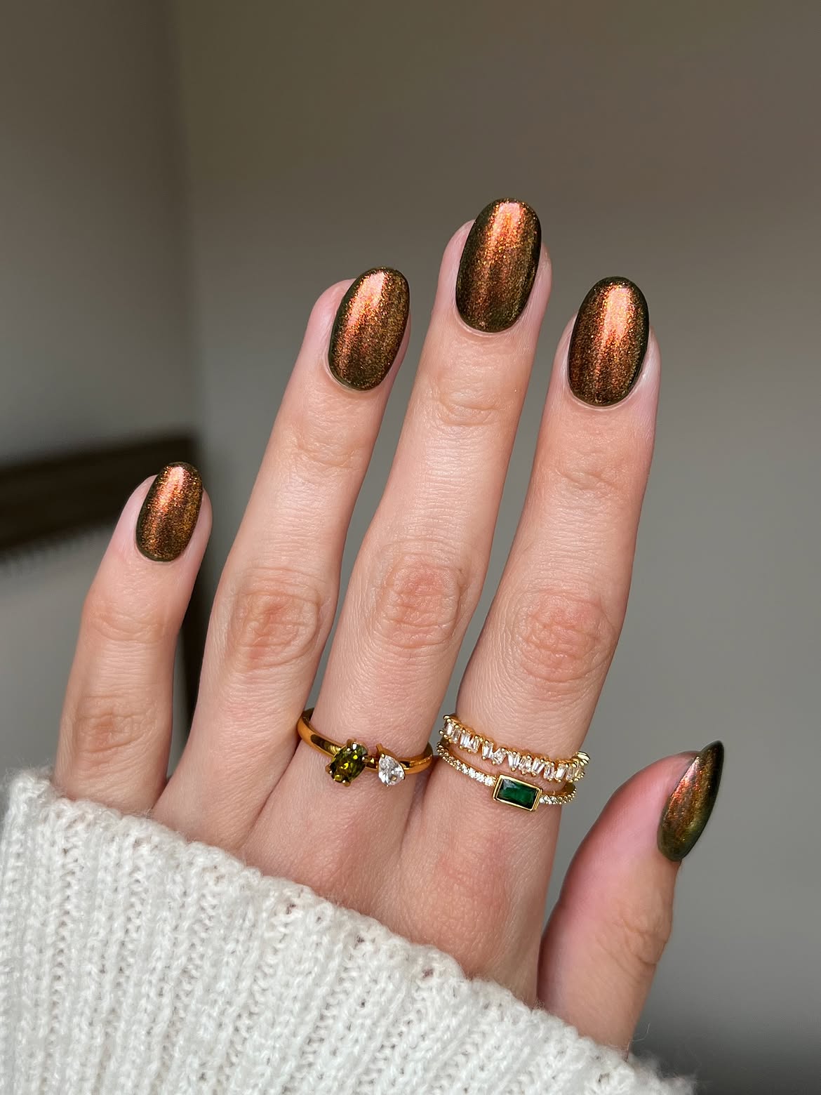 Warm Bronze & Olive Shimmer Oval Nails