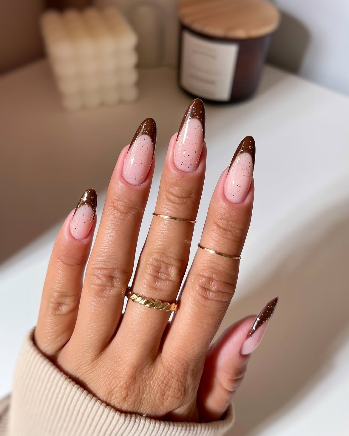 Warm Chocolate French Tip Almond Nails