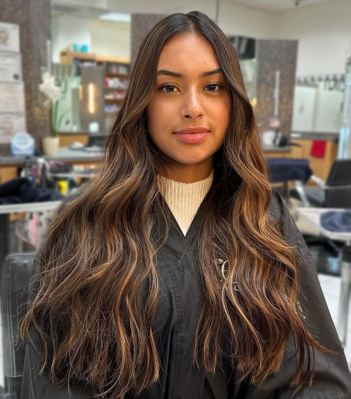 Warm Cinnamon Balayage With Loose Beach Waves