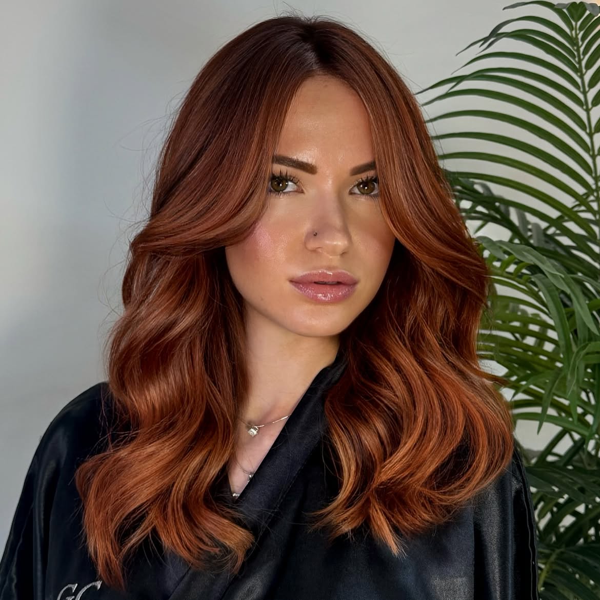 Warm Copper Balayage With Soft Waves