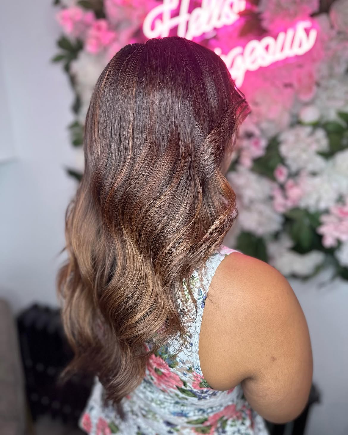 Warm Honey Balayage On Rich Brown Waves