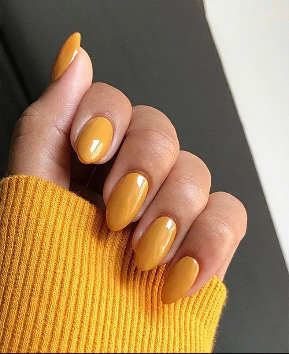 Warm Mustard Yellow Glossy Oval Nails