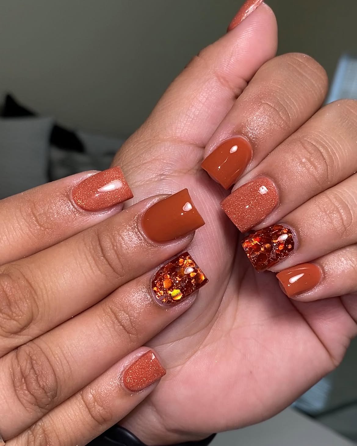 Warm Terracotta Glitter Square Nails