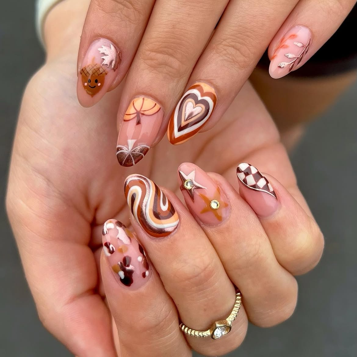 Whimsical Fall Groovy Heart & Acorn Nails