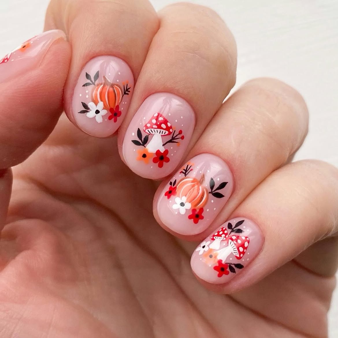 Whimsical Fall Harvest Mushroom and Pumpkin Nail Art