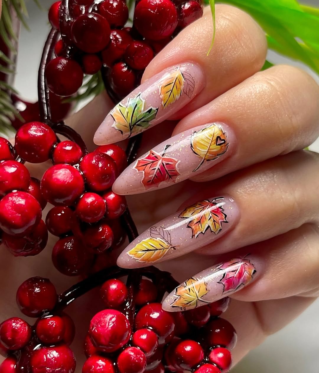 Whimsical Falling Leaves Almond Nails
