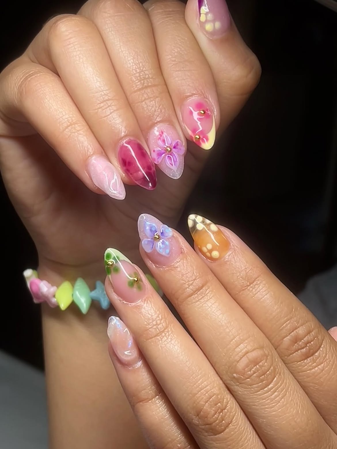 Whimsical Floral Gem Almond Nails