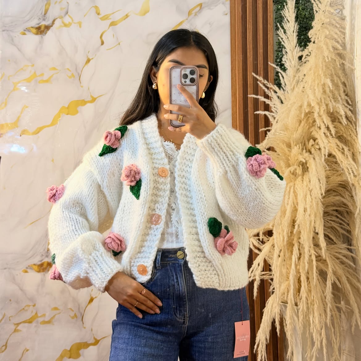 Whimsical Floral Knit Cardigan With Denim