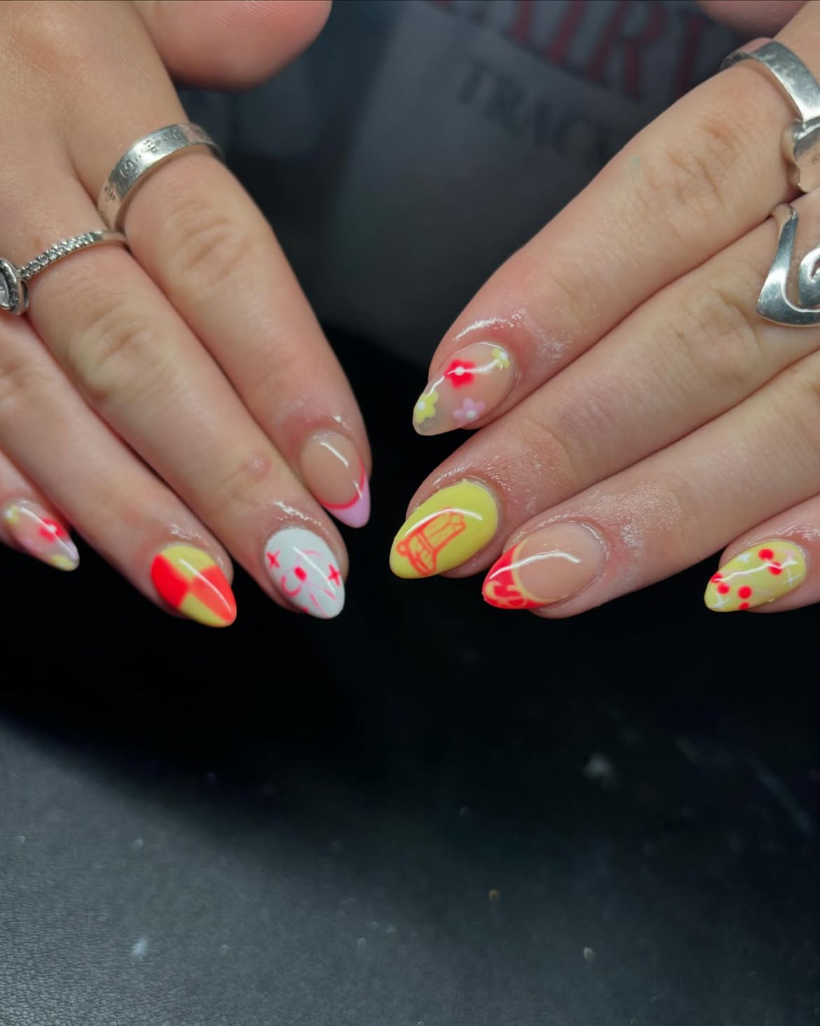 Whimsical Yellow & Pink French Tips with Cute Art