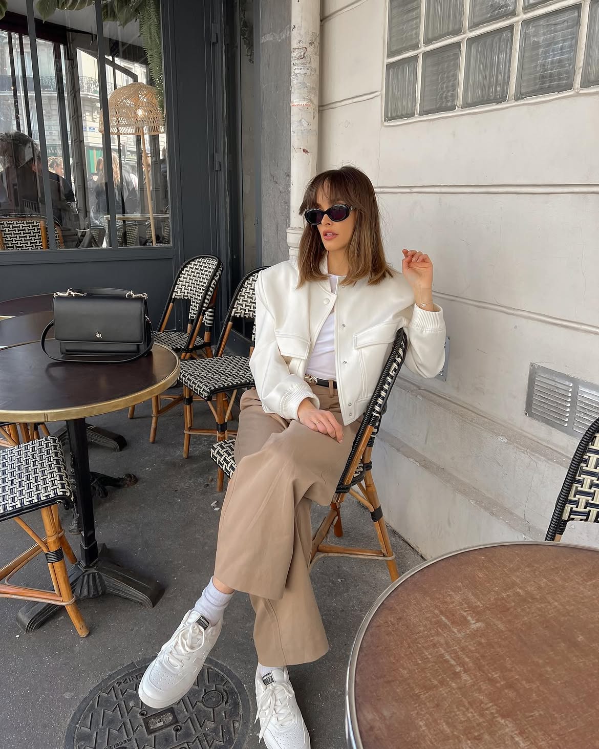 White Cropped Bomber Jacket With Khaki Wide Leg Pants