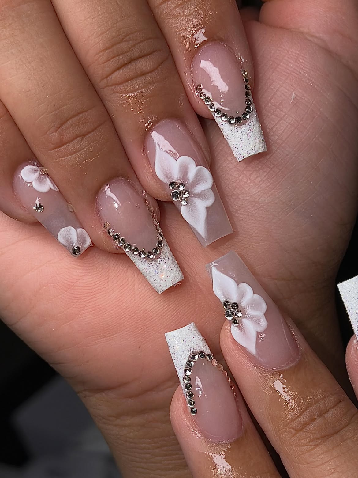 White Floral 3D French Tip Wedding Nails