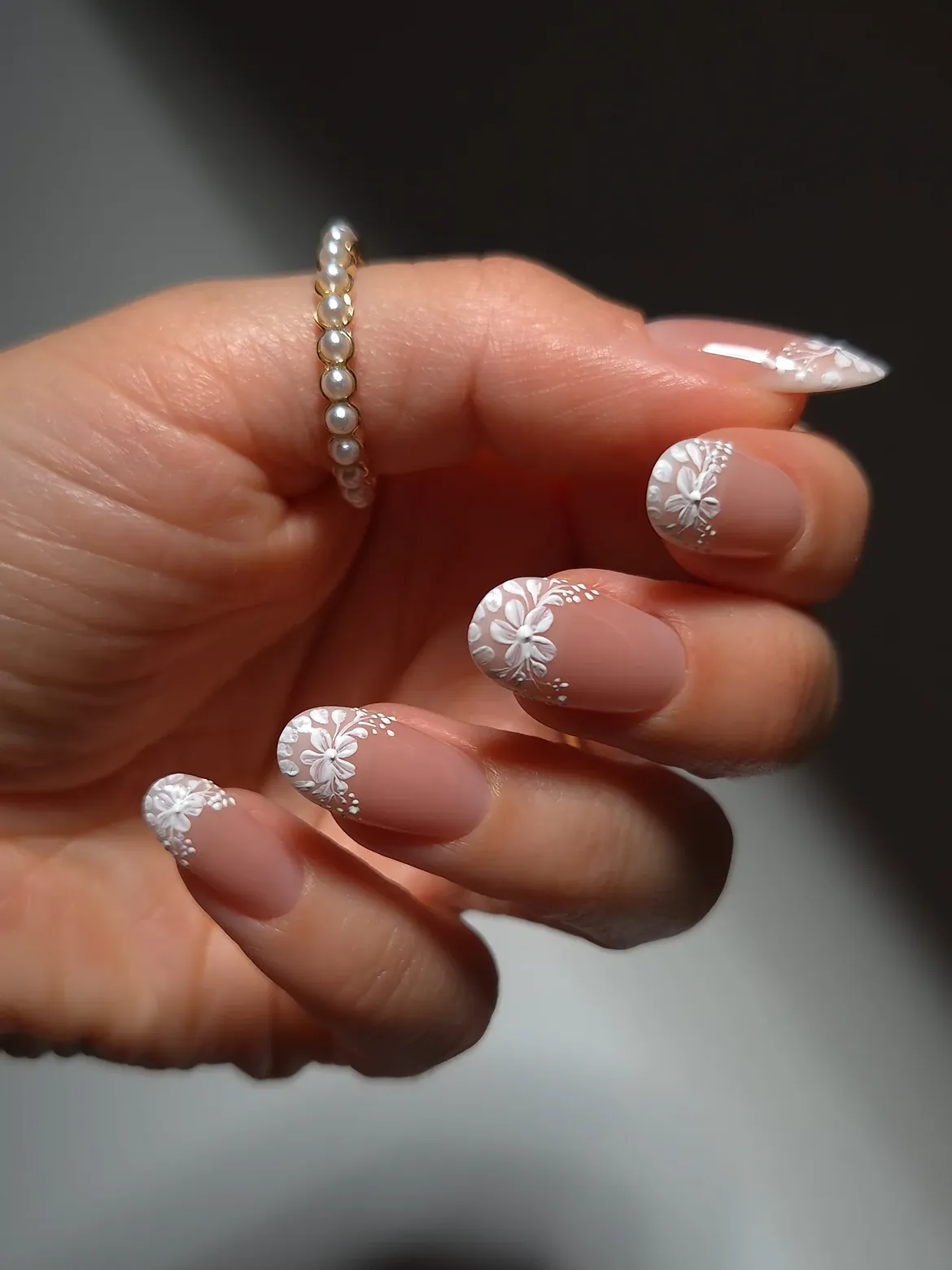 White Floral French Tip Almond Nails