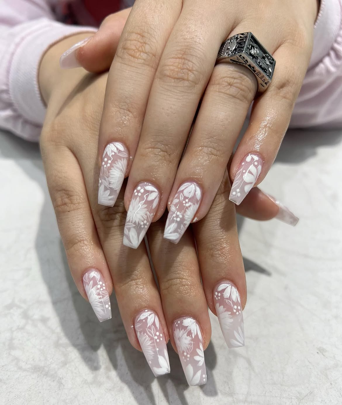 White Floral Gradient Coffin Nails