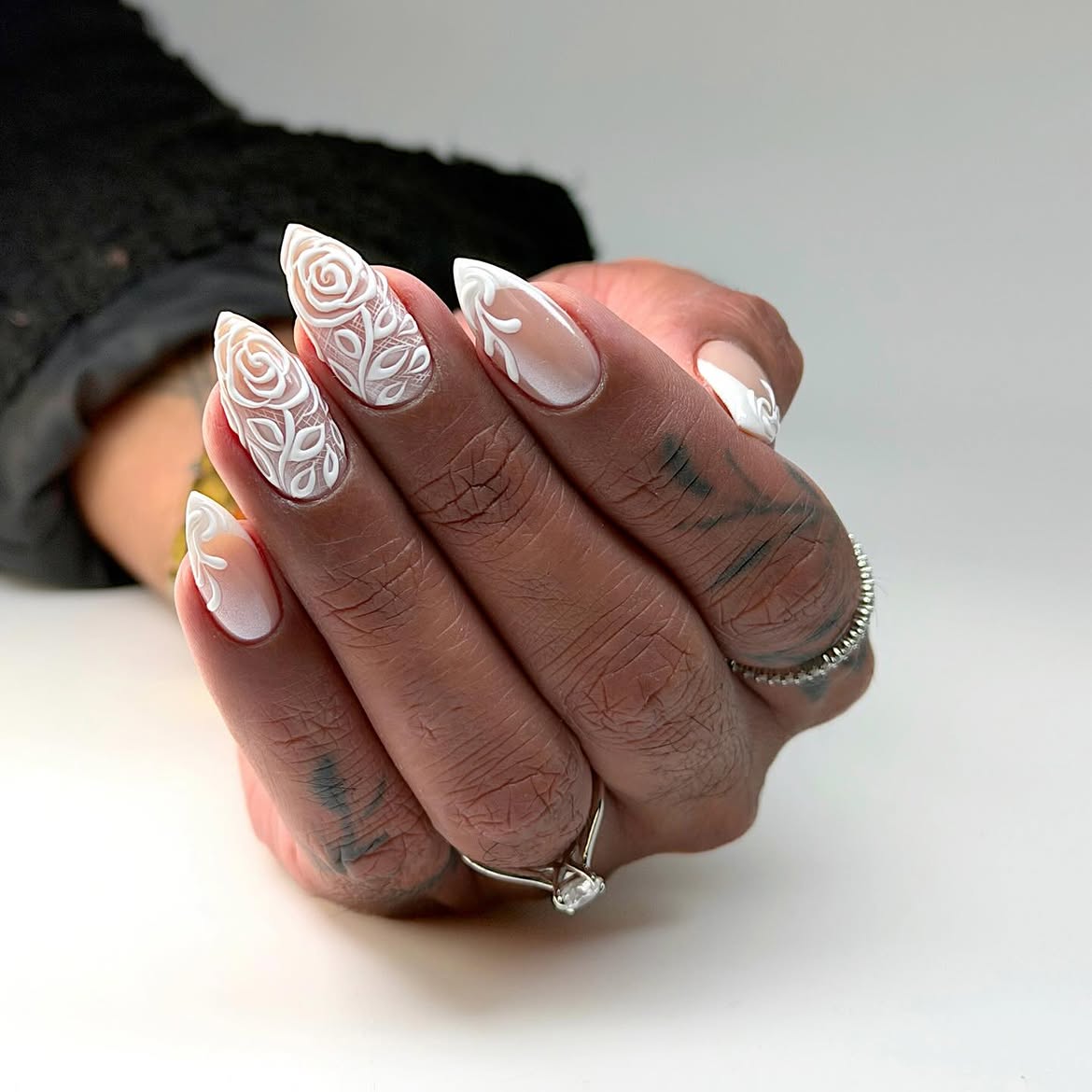 White Lace Floral Almond Nails