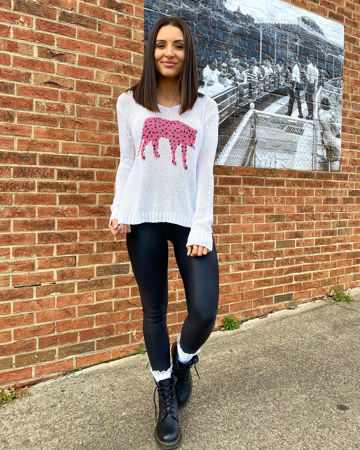 White Leopard Print Sweater With Black Faux Leather Leggings