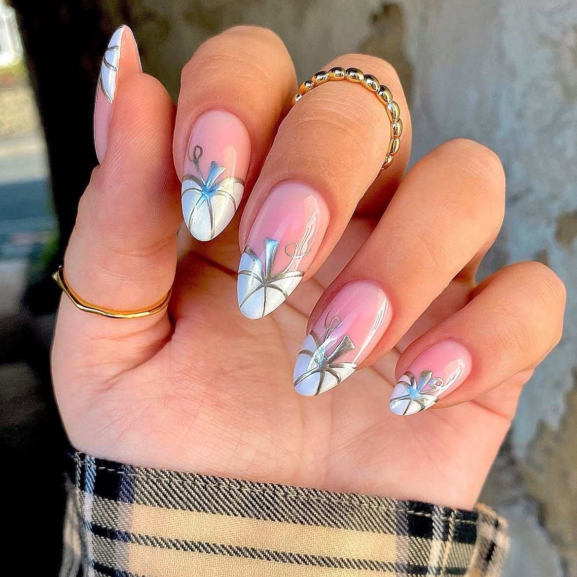 White & Silver Bow Accent Almond French Tips