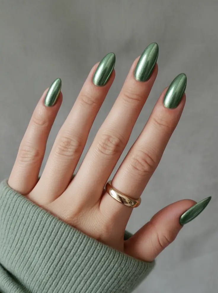 Zesty Lime Green Chrome Almond Nails