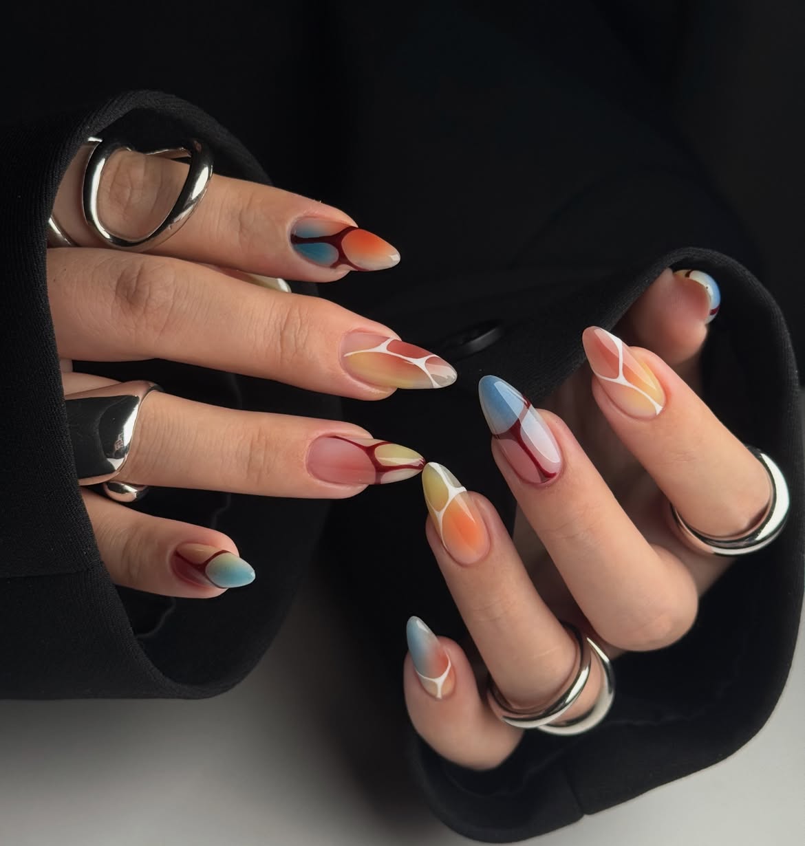Abstract Swirl Aura Gradient Almond Nails