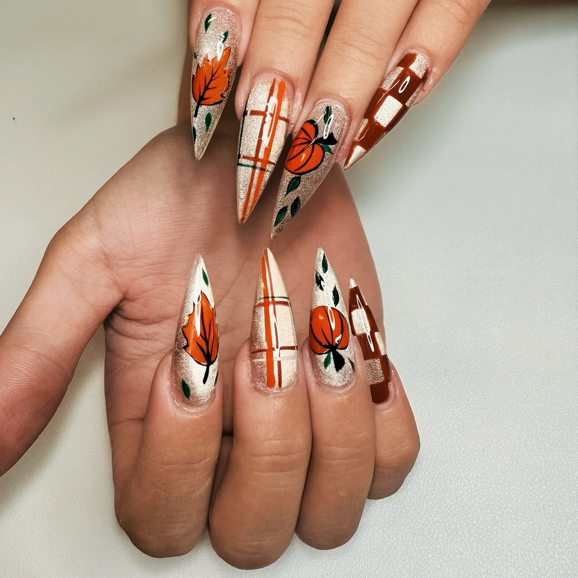 Autumn Harvest Pumpkin Plaid Stiletto Nails