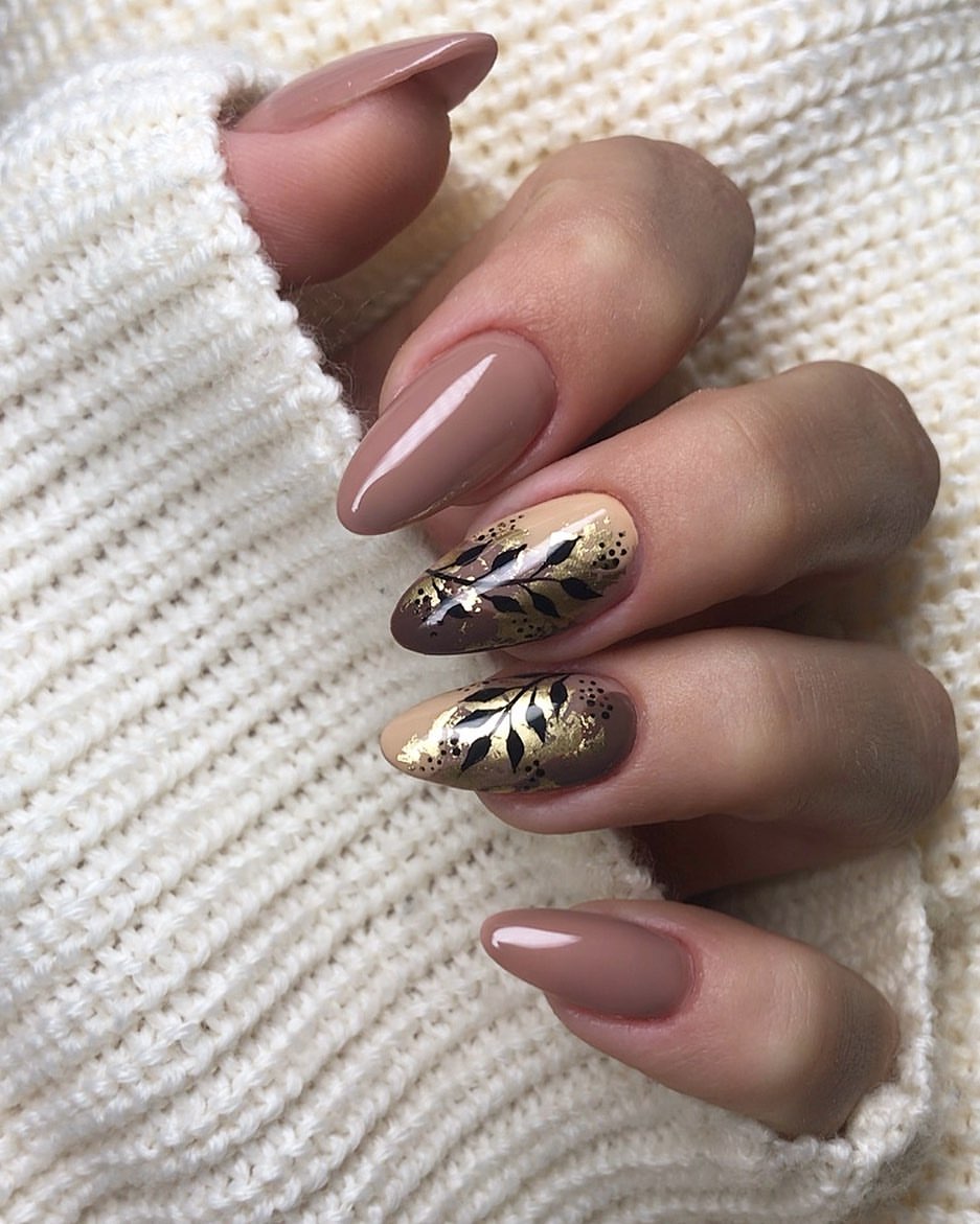 Autumn Leaf Almond Nails with Gold Accents