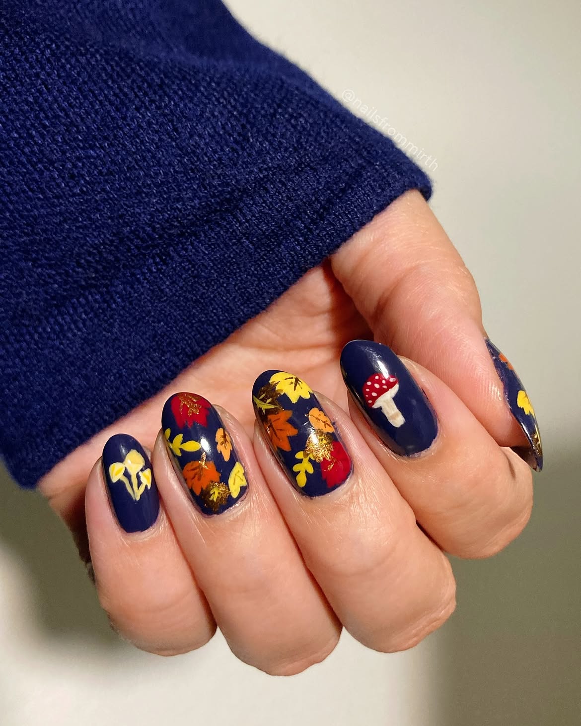 Autumn Leaves and Mushroom Oval Nails