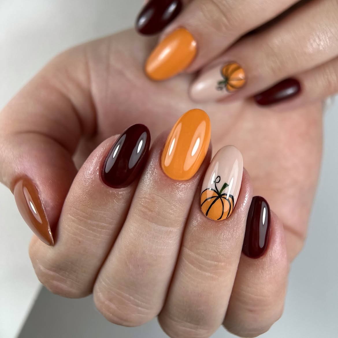 Autumn Pumpkin Orange and Burgundy Oval Nails